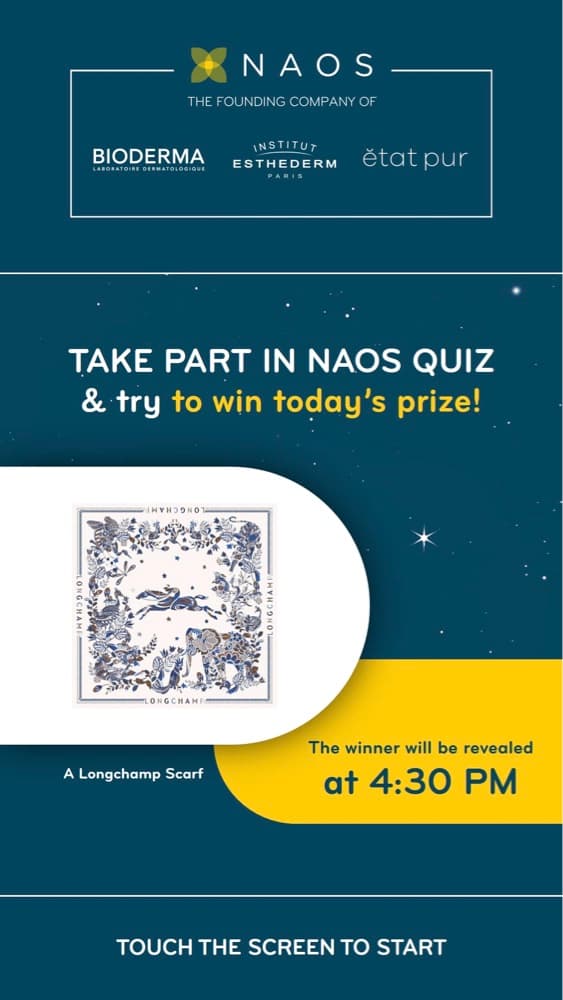 Écran du quiz interactif Naos : « Take part in Naos quiz », avec collecte d'e-mail pour participer au tirage