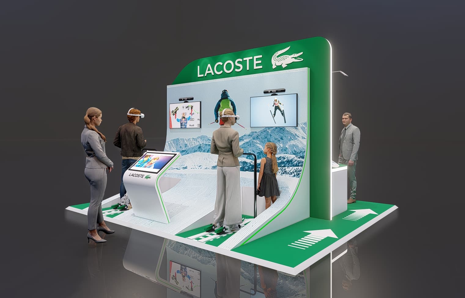 Pop-up store Lacoste en gare (Médiagares) : expérience ski immersive en réalité virtuelle avec décor montagne, conçu par The Good Experience