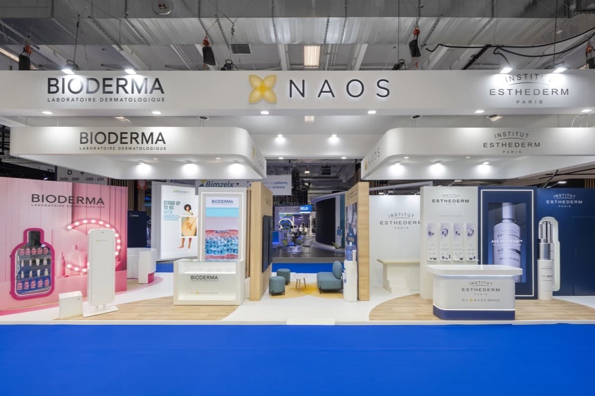 Stand Naos (Bioderma, Institut Esthederm) au congrès EADV, dispositif multi-marques conçu et réalisé par The Good Experience